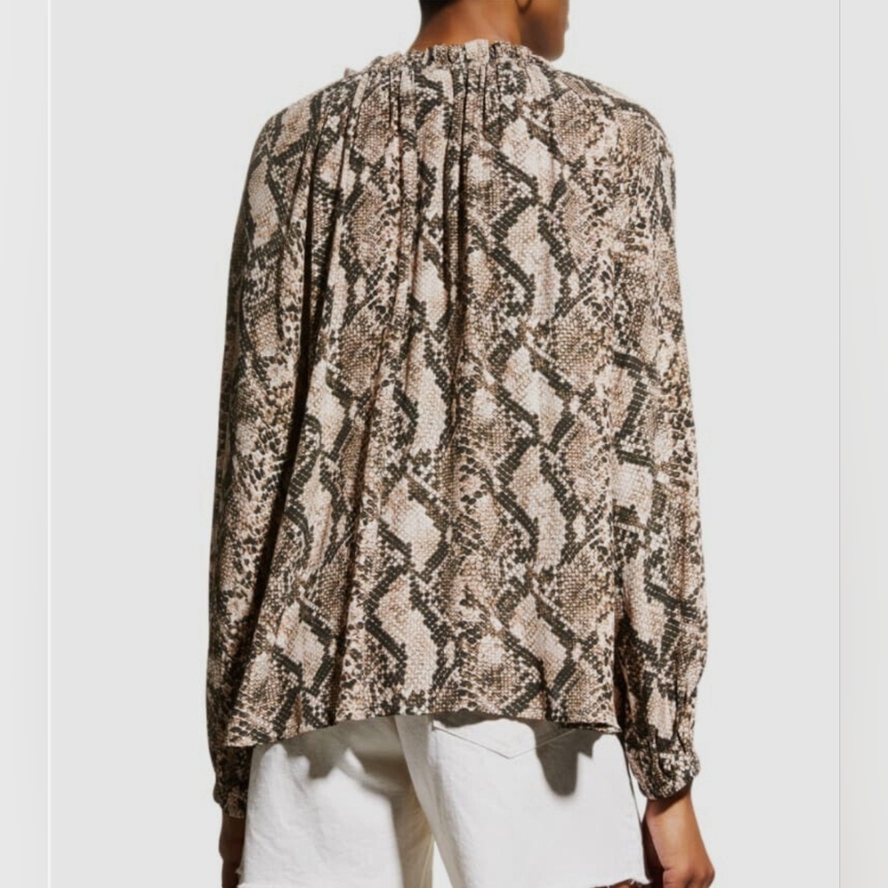 Figue Blouse Lilah Beige Snakeskin Print Womens Medium Long Puff Sleeves Tassel - Picture 2 of 14